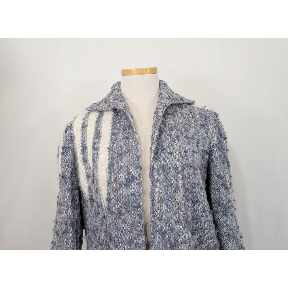 Vintage 80s Cardigan Sweater Blue White Crocheted Hand Loomed Women's Size M - Picture 2 of 6